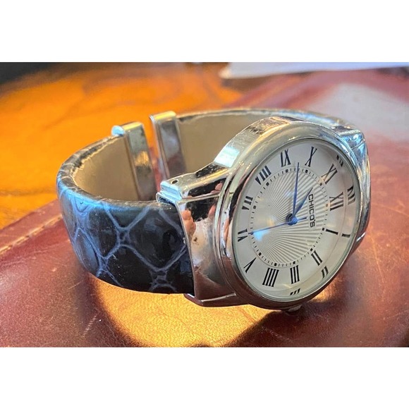 Chico's Other - Women's Chico's Bangle Bracelet Watch, Silver Tone with Black Leather Covering